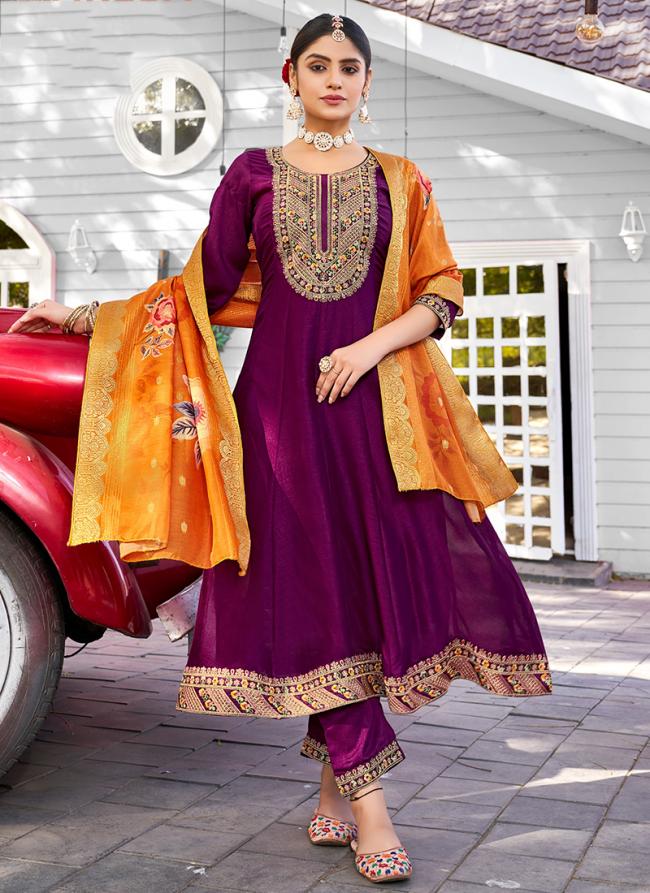 Vichitra Silk Wine Festival Wear Embroidery Work Readymade Anarkali Suit